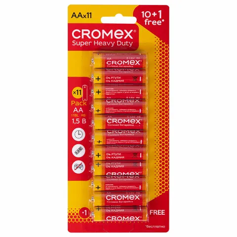 Батарейки солевые "пальчиковые" КОМПЛЕКТ 10+1 шт., CROMEX Super Heavy Duty, AA (R6,15A), блистер, 45