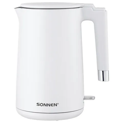 Чайник электрический с двойными стенками SONNEN KT-8719W, 1,5 л, 2200 Вт, белый, 454691