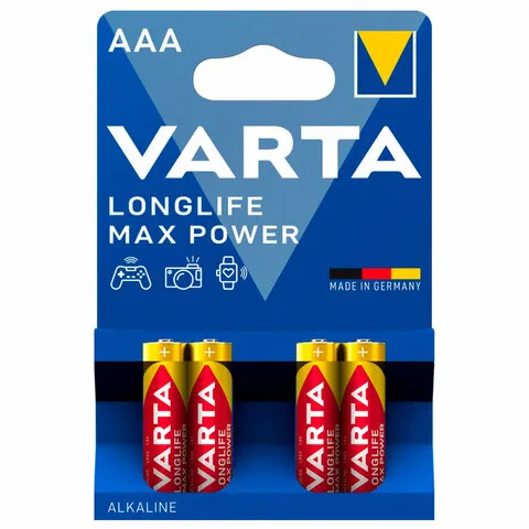 Батарейки алкалиновые "мизинчиковые" КОМПЛЕКТ 4 шт., VARTA LONGLIFE MAX POWER, ААА (LR03,15А), блист