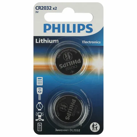 Батарейки литиевые PHILIPS Lithium CR2032 "таблетки, дисковые, кнопочные" КОМПЛЕКТ 2 шт., блистер, Б