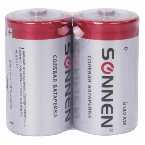 Батарейки SONNEN, D (R20), 1шт, солевые, в пленке, 451100