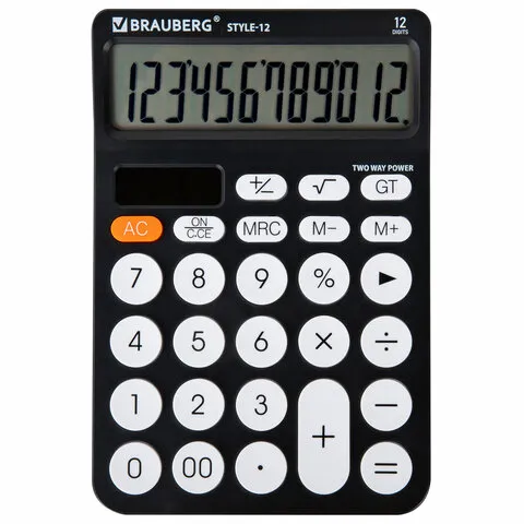Калькулятор настольный BRAUBERG STYLE-12-BK (157х106 мм), 12 разрядов, двойное питание, ЧЕРНЫЙ, 2729