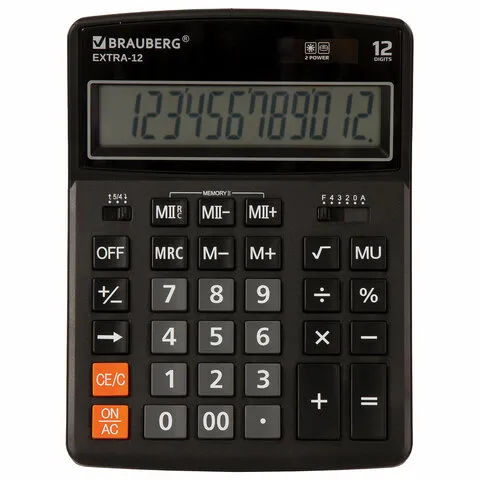 Калькулятор настольный BRAUBERG EXTRA-12-BK (206x155 мм), 12 разрядов, двойное питание, ЧЕРНЫЙ, 2504