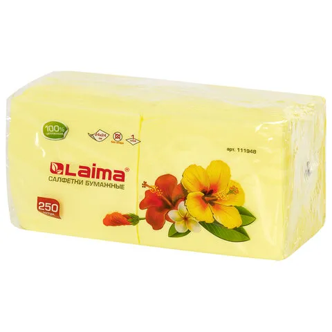 Салфетки бумажные, 250 шт., 24х24 см, ЛАЙМА, желтые (пастель), 100% целлюлоза, 111948
