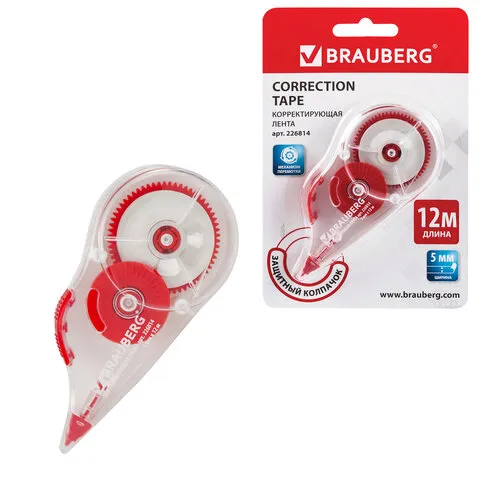 Корректирующая лента BRAUBERG 5 мм х 12 м, корпус прозрачный, с подкручиванием, блистер, 226814