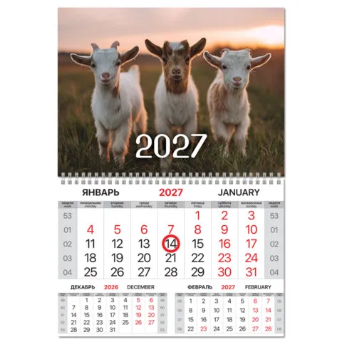 Календарь квартальный 2027 г., 1 блок, 1 гребень,магнитный курсор,мел. бумага,BRAUBERG "Символ года"