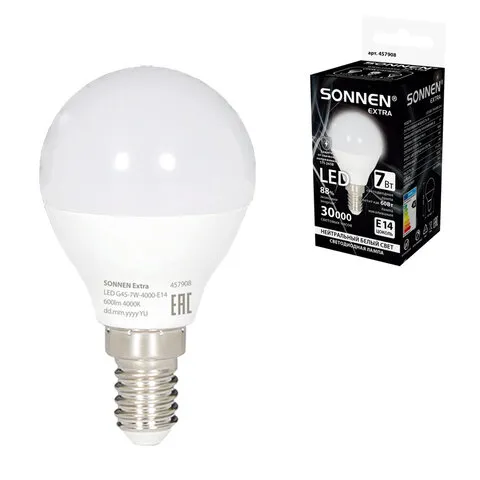 Лампа светодиодная SONNEN EXTRA, 7 (60) Вт, E14, шар, нейтральный белый, 30000 ч, LED G45-7W-4000-Е1