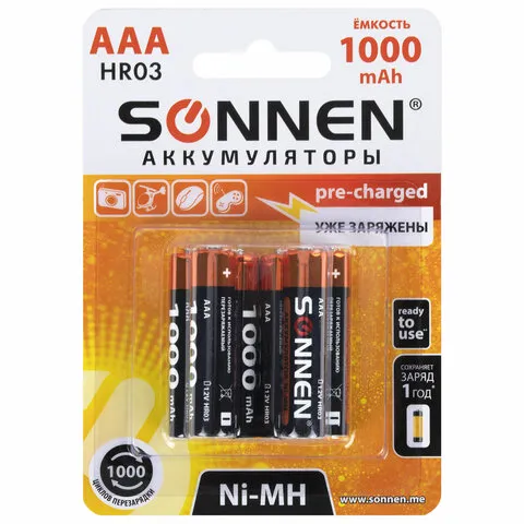 Батарейки аккумуляторные КОМПЛЕКТ 6 шт., ААA (HR03), 1000 mAh, SONNEN Ni-Mh, в блистере, 455611