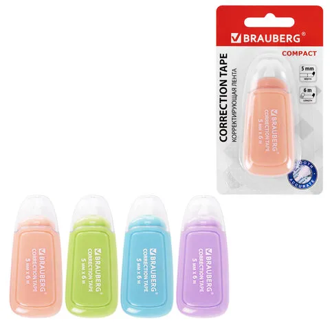Корректирующая лента BRAUBERG COMPACT PLUS PASTEL, 5 мм х 6 м, корпус ассорти, блистер, 270551, 94