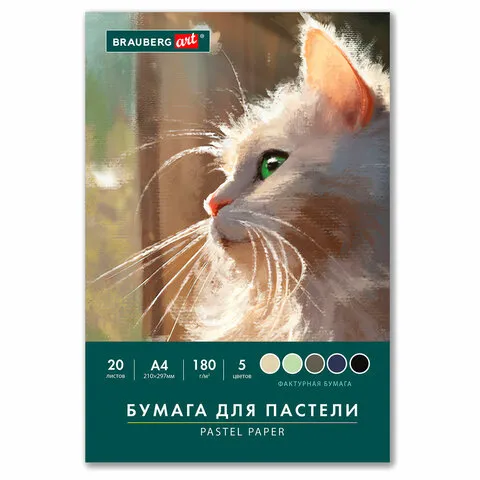 Бумага для пастели А4 в папке, 20 листов, 5 цветов, 180 г/м2, BRAUBERG ART CLASSIC, 116345