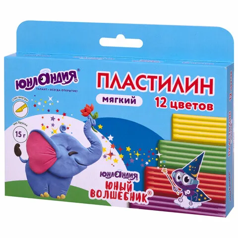 Пластилин мягкий ЮНЛАНДИЯ "ЮНЫЙ ВОЛШЕБНИК", 12 цветов 180 г, СО СТЕКОМ, ВЫСШЕЕ КАЧЕСТВО, европодвес,