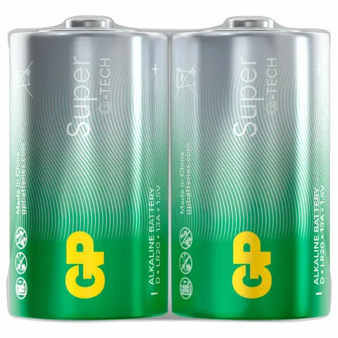 Батарейки GP Super, D (LR20, 13А), алкалиновые, КОМПЛЕКТ 2 шт., в пленке, 13A-OS2