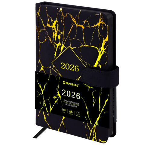 Ежедневник датированный 2026 А5 138x213мм BRAUBERG Goldy, под кожу, цветной срез, черный, 117470