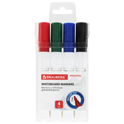 Набор маркеров стираемых для белой доски 4 ЦВЕТА, BRAUBERG "ORIGINAL", 3 мм, 152120