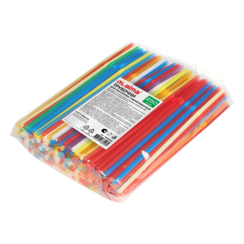 Трубочки для коктейлей гофрированные, пластиковые 5 х 210 мм, цветные КОМПЛЕКТ 250 штук, LAIMA, 6083