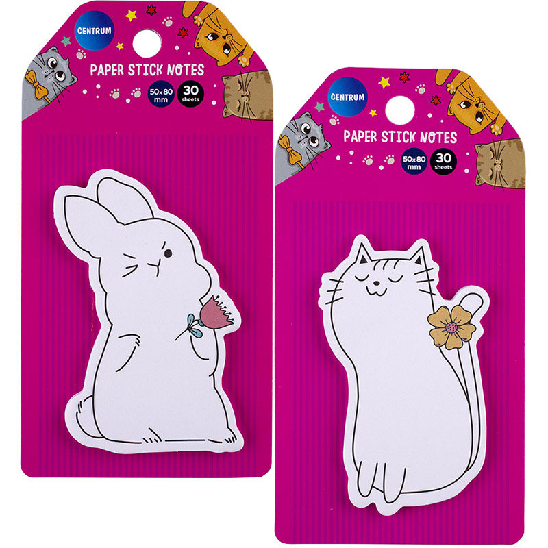 Стикеры для заметок бумажные 50х80 мм, 30 шт., CENTRUM "Кот и кролик"