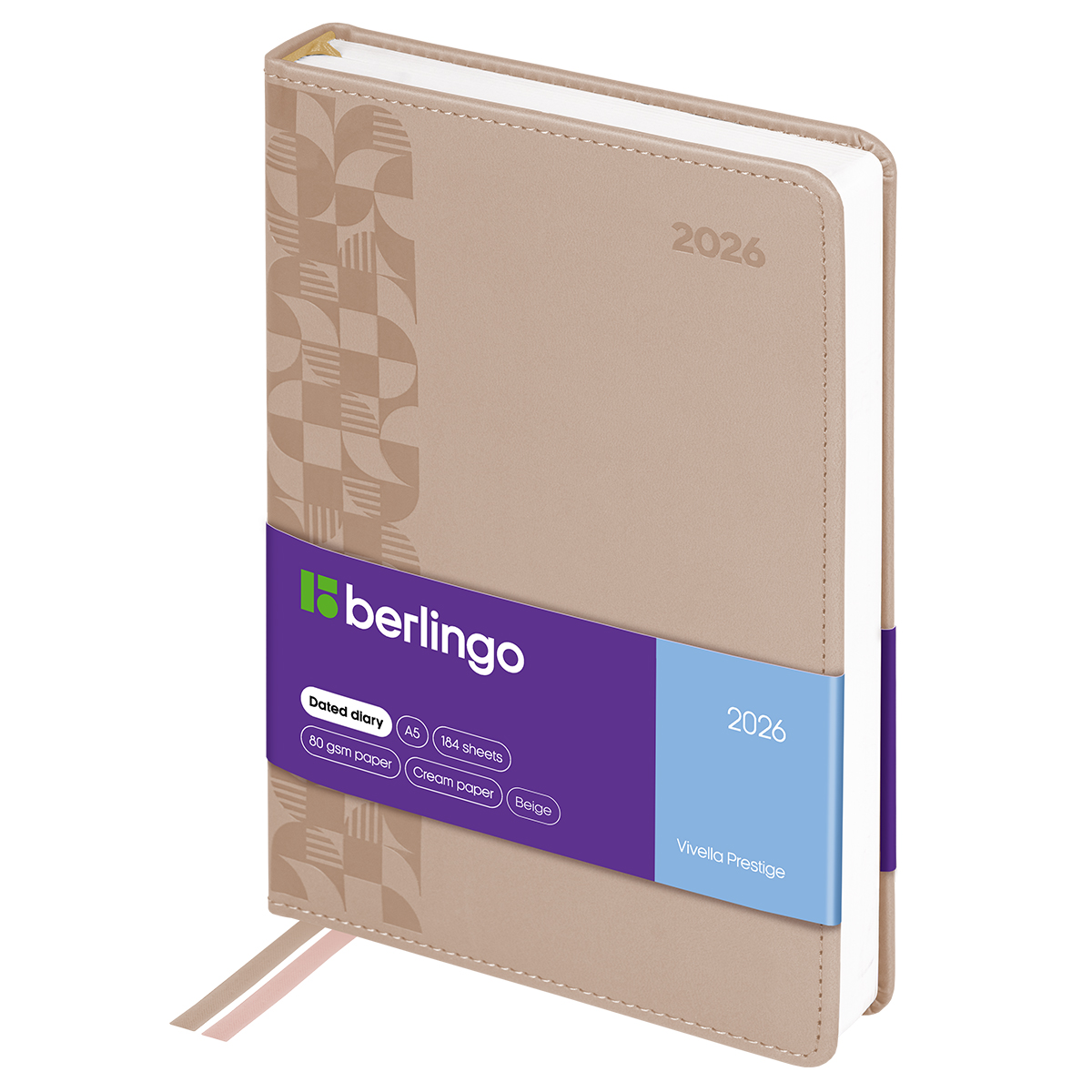 Ежедневник датированный 2026г., А5, 184л., кожзам, Berlingo "Vivella Prestige", бежевый
