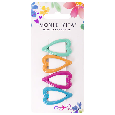 Заколки для волос НАБОР 4 шт., 3,5 см, клик-клак, сердечки, глянцевый, разные цвета, MONTE VITA, 457