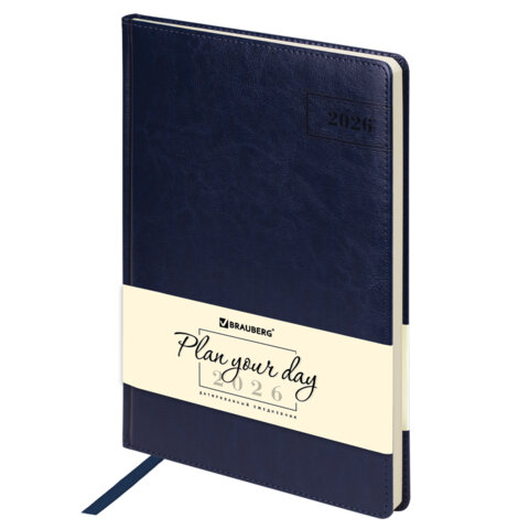 Ежедневник датированный 2026 БОЛЬШОЙ ФОРМАТ 210х297мм А4, BRAUBERG Imperial, под кожу, синий, 117247