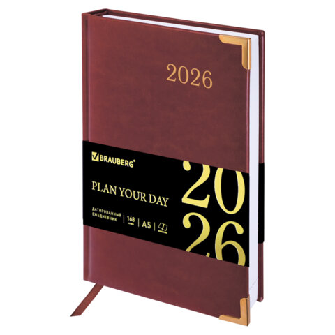 Ежедневник датированный 2026 А5 138x213мм BRAUBERG Senator, под кожу, коричневый, 117090