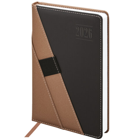 Ежедневник датированный 2026 А5 138х213мм BRAUBERG Swirl, под кожу, держатель для ручки, коричневый,