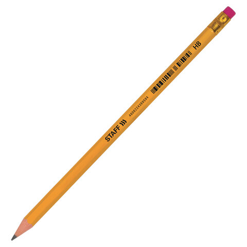 Карандаш чернографитный с ластиком STAFF EVERYDAY BLP-YLW, 1 шт., НВ, пластиковый, корпус жёлтый, 18