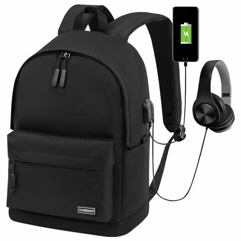 Рюкзак HEIKKI ACTIVE (ХЕЙКИ) универсальный, отделение для ноутбука, USB-порт, черный, 44х31х14 см, 2
