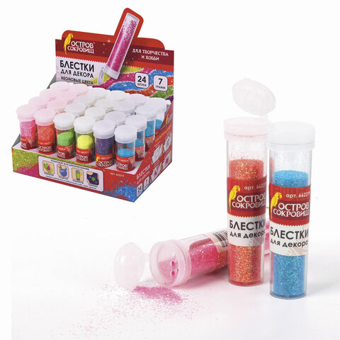 Блестки для декора (глиттер) ОСТРОВ СОКРОВИЩ, НЕОН, 7 грамм, цвета ассорти, в дисплее, 662219