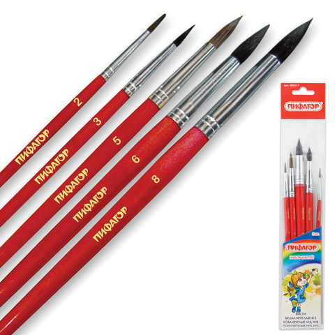 Кисти ПИФАГОР, набор 5 шт. (беличья круглая № 3, из ворса козы круглая № 6, 8, пони круглая № 2, 5),