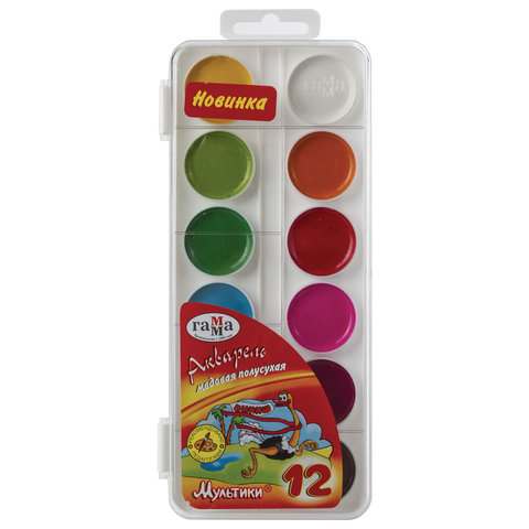 Краски акварельные ГАММА "Мультики", 12 цв., медовая, без кисти, пластиковый корпус, европодвес, 211