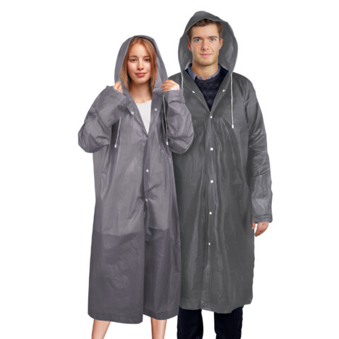 Дождевик плащ серый на кнопках, EVA, многоразовый прочный, чехол в комплекте, универсальный размер, 
