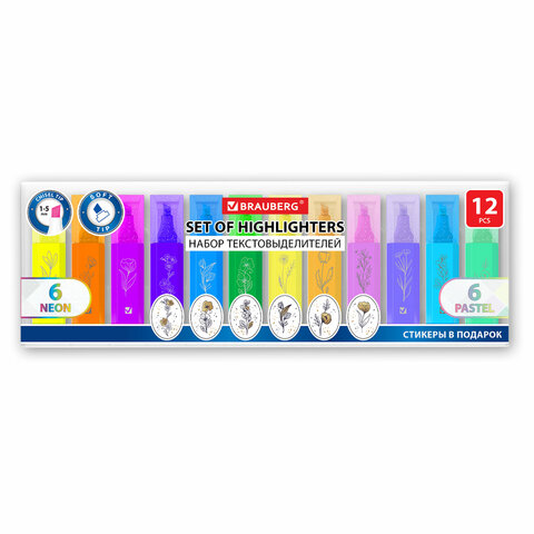 Набор текстовыделителей мини, 12 ЦВЕТОВ, BRAUBERG "ULTRA", 6 неоновых цветов + 6 пастельных цветов, 