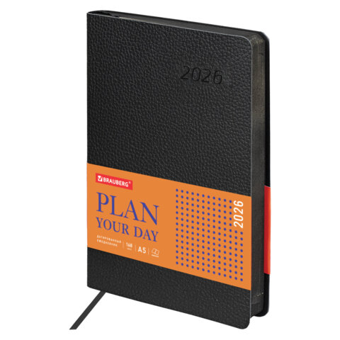 Ежедневник датированный 2026 А5 138x213мм BRAUBERG Stylish, под кожу гибкий, черный, 117097