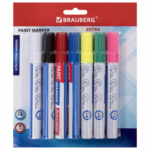 Маркер-краска лаковый EXTRA (paint marker) 4 мм, НАБОР 7 цветов, BRAUBERG, 152001