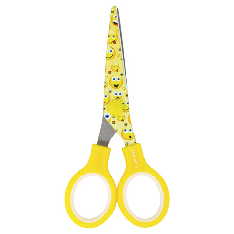 Ножницы BRAUBERG "Kid Series", 130 мм, с цветной печатью "Смайлики", жёлто-белые, 232274