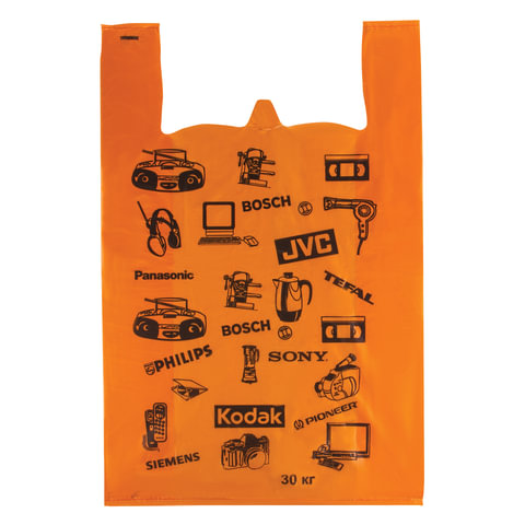 Пакеты "майка", набор 100 шт., 42+18х65 см, ПНД, "Электрон", 18 мкм, ОРАНЖЕВЫЕ, ЮПЛАСТ, ЮМАЙ1010