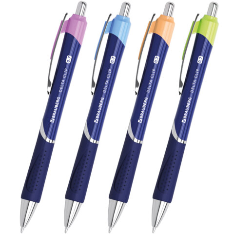 Ручка шариковая автоматическая с грипом BRAUBERG DELTA CLIP, СИНЯЯ, ассорти, узел 0,7 мм, линия пись