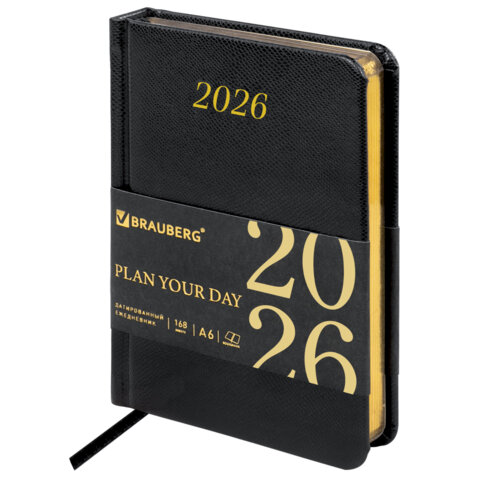 Ежедневник датированный 2026 МАЛЫЙ ФОРМАТ 100х150мм А6, BRAUBERG Iguana, под кожу, черный, 117252