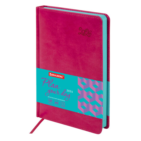 Ежедневник датированный 2026 А5 138x213мм BRAUBERG Rainbow, под кожу, розовый, 117078