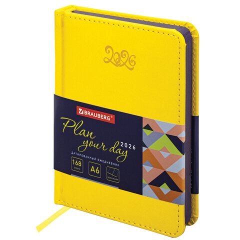Ежедневник датированный 2026 МАЛЫЙ ФОРМАТ 100х150мм А6, BRAUBERG Rainbow, под кожу, желтый, 117258