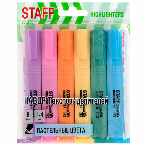 Набор текстовыделителей 6 ПАСТЕЛЬНЫХ ЦВЕТОВ, АССОРТИ, STAFF College "STICK PASTEL", линия письма 1-4