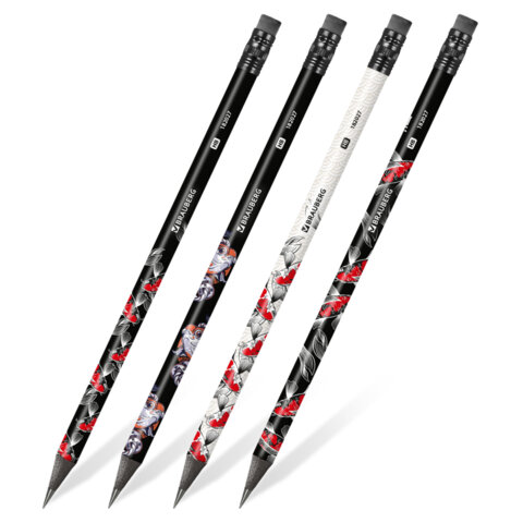 Карандаш чернографитный BRAUBERG "FISH KOI", 1 шт, HB, с ластиком, корпус ассорти, 182027