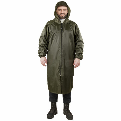 Дождевик-плащ хаки С КАРМАНАМИ многоразовый на молнии, размер 60-62, рост 170-176, ГРАНДМАСТЕР, 6108