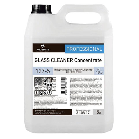 Средство для мытья стекол и зеркал с нашатырным спиртом 5 л, PRO-BRITE GLASS CLEANER, концентрат, 12