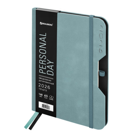 Ежедневник датированный 2026 А5 151х213мм BRAUBERG Note, под кожу, держатель для ручки, серо-голубой