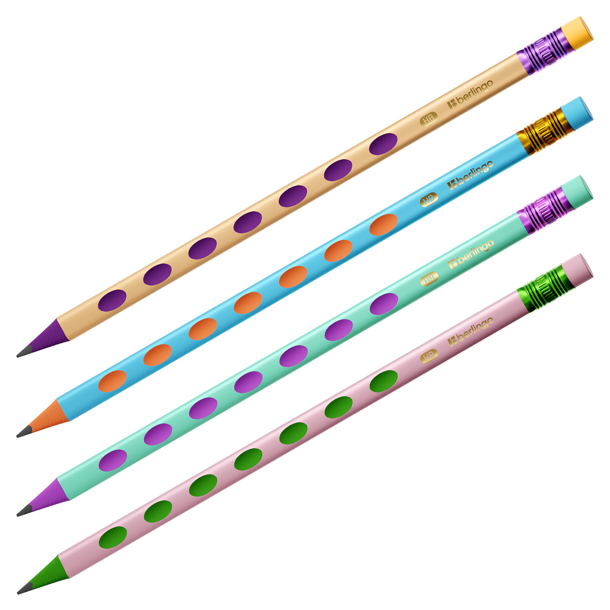 Карандаш ч/г Berlingo "Metallic Ergo" HB, пластиковый, трехгранный, с выемками, заточен., с ластиком