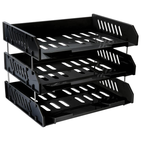 Лотки горизонтальные для бумаг, НАБОР 3 шт. (335х232х280 мм), на металлических стержнях 60 мм, черны