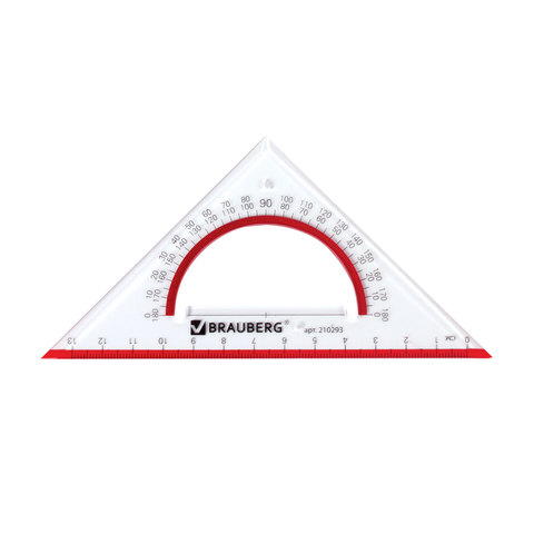 Треугольник пластиковый, угол 45, 13 см, BRAUBERG "Crystal", с транспортиром, прозрачный, с выделенн