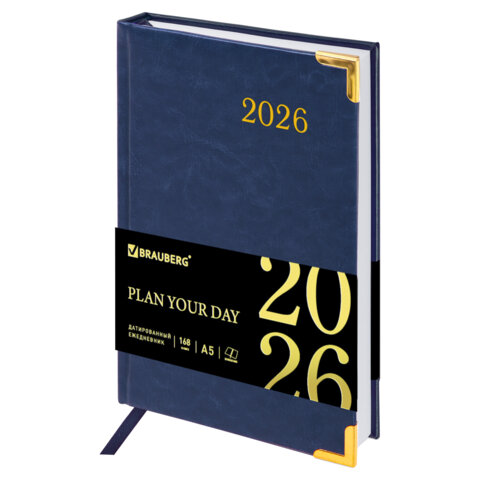 Ежедневник датированный 2026 А5 138x213мм BRAUBERG Senator, под кожу, синий, 117091