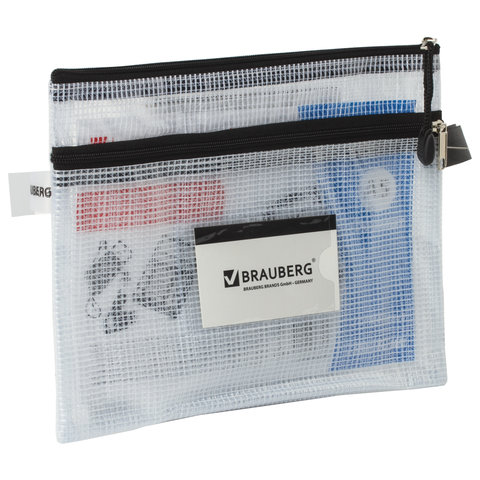 Папка-конверт на молнии МАЛОГО ФОРМАТА (238х180 мм), А5, 2 отделения, ПВХ, сетка, прозрачная, 0,3 мм